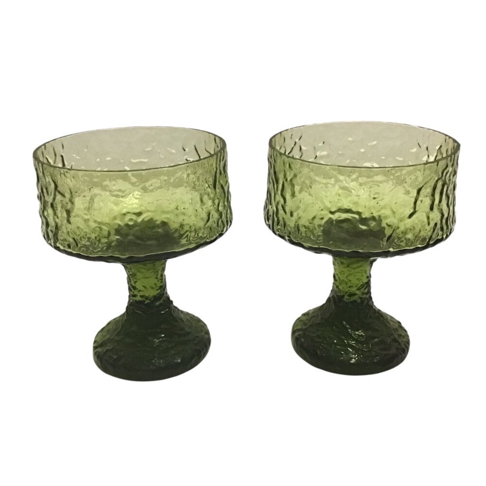 2 Lenox Impromptu Hand Blown Crystal Dessert Crinkle Green Goblet Sherbet Vtg